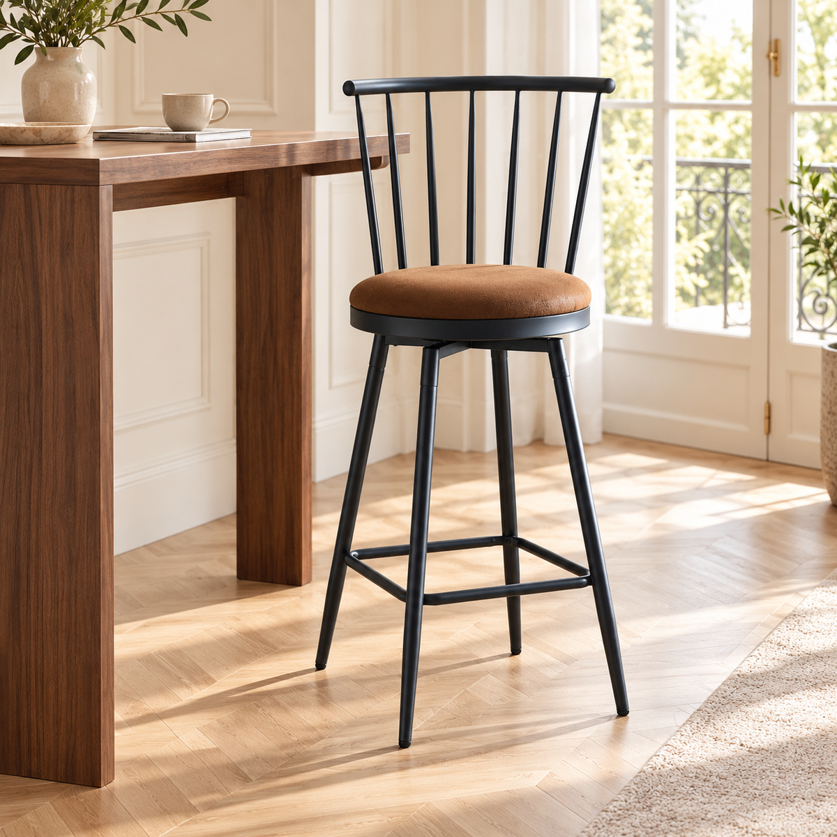 Tabouret marron à dossier à barreaux devant une console haute en bois dans un intérieur lumineux à moulures et parquet en chevrons.