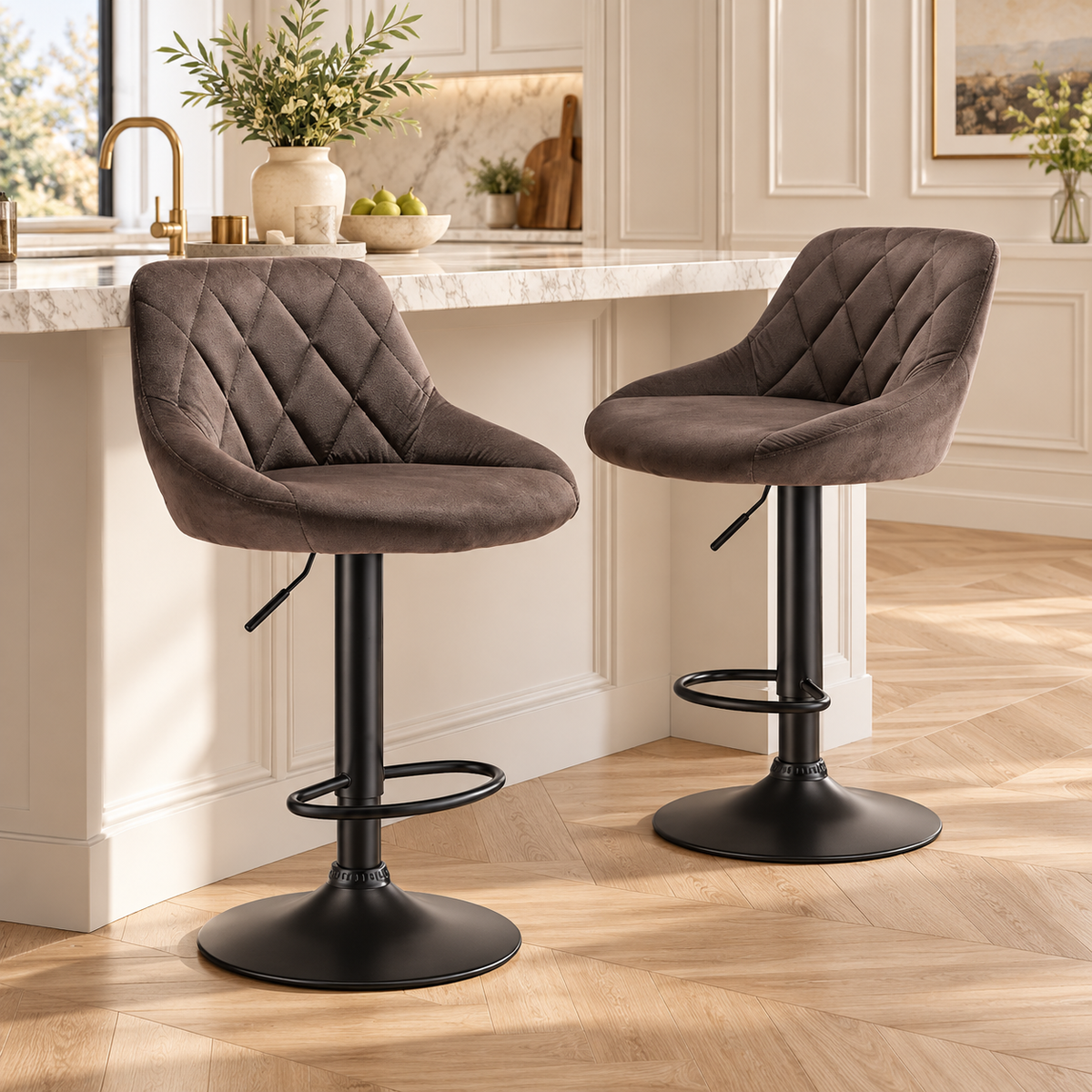 Deux tabourets de bar en velours taupe avec pied noir devant un îlot de cuisine en marbre