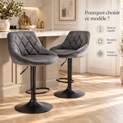 Tabourets de bar en velours gris avec hauteur réglable, rotation 360° et velours matelassé