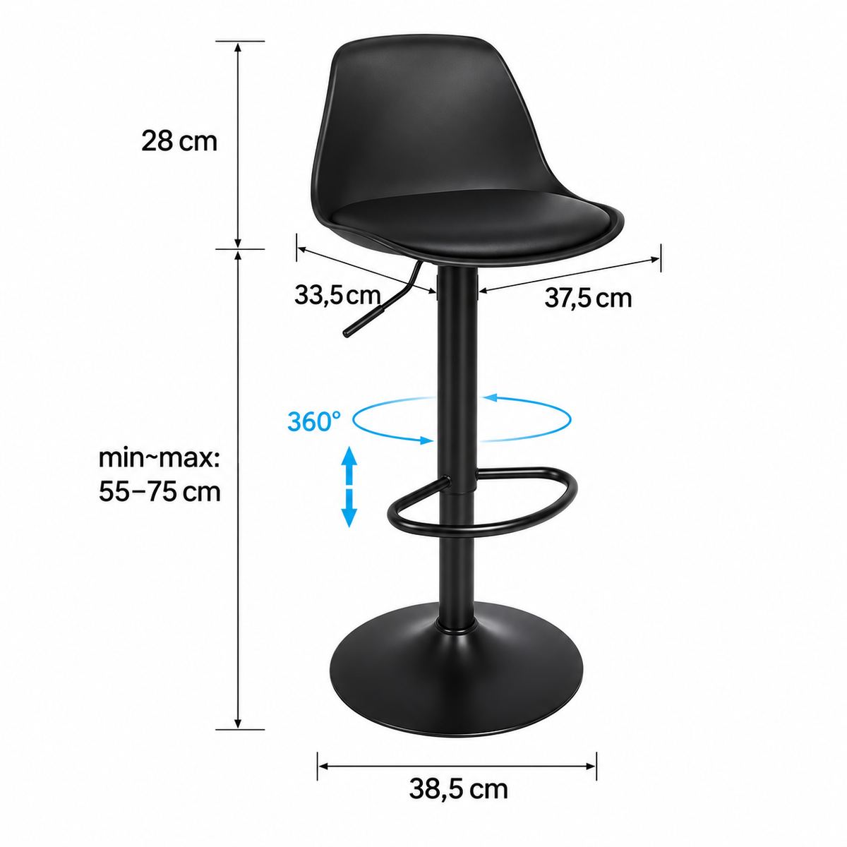 Tabouret de bar noir avec dossier et repose-pieds, hauteur d’assise réglable de 55 à 75 cm, assise de 37,5 × 33,5 cm et base de 38,5 cm de diamètre.