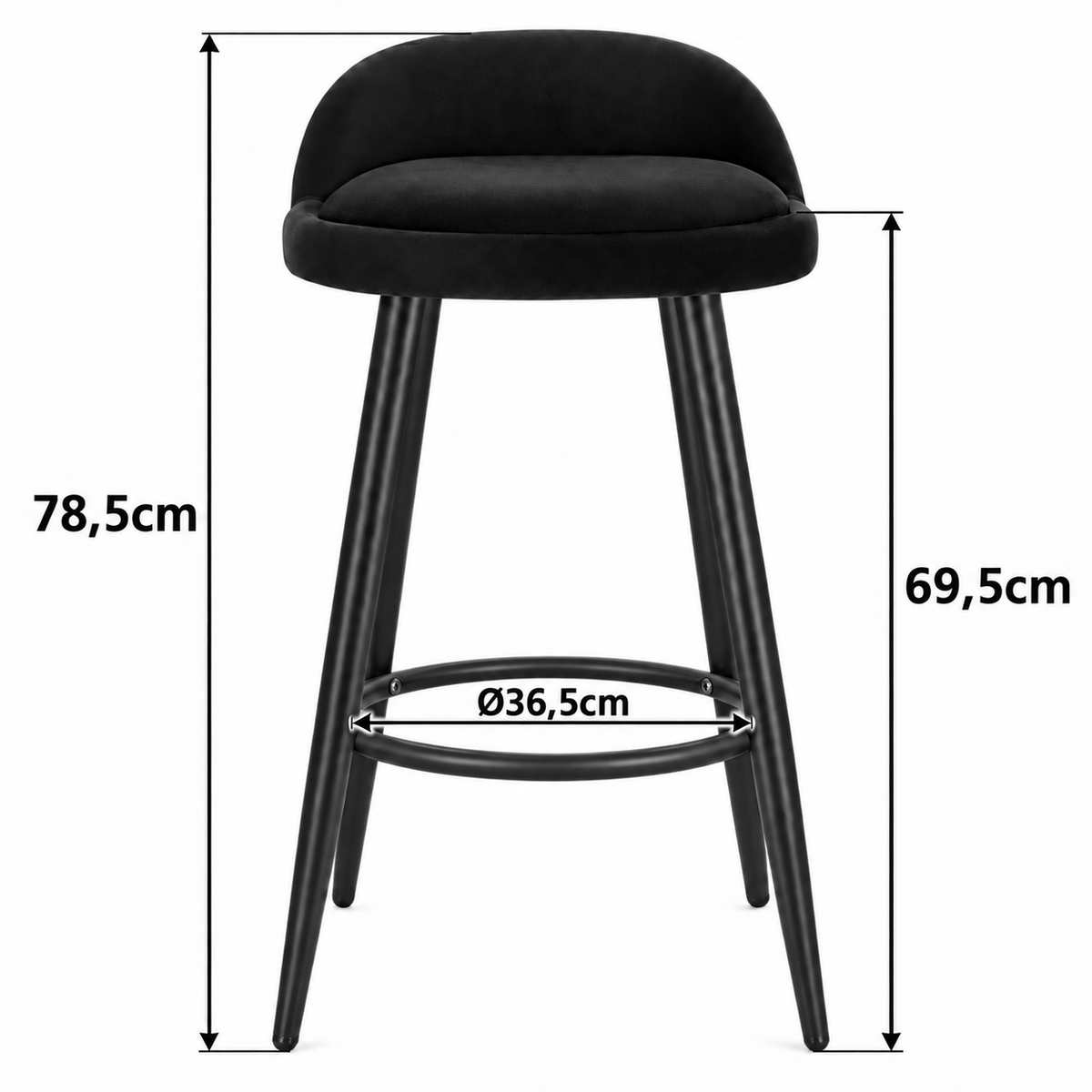 Tabouret de bar noir rembourré avec dossier arrondi et repose-pieds circulaire noir – hauteur totale 78,5 cm, hauteur d’assise 69,5 cm et diamètre du repose-pieds 36,5 cm.