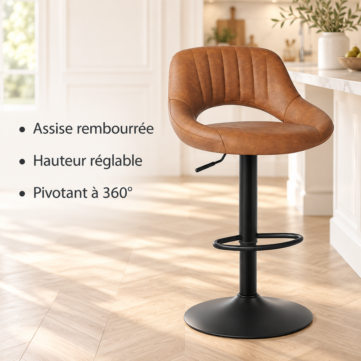 Chaise de bar marron en situation : assise rembourrée, hauteur réglable et rotation à 360°.
