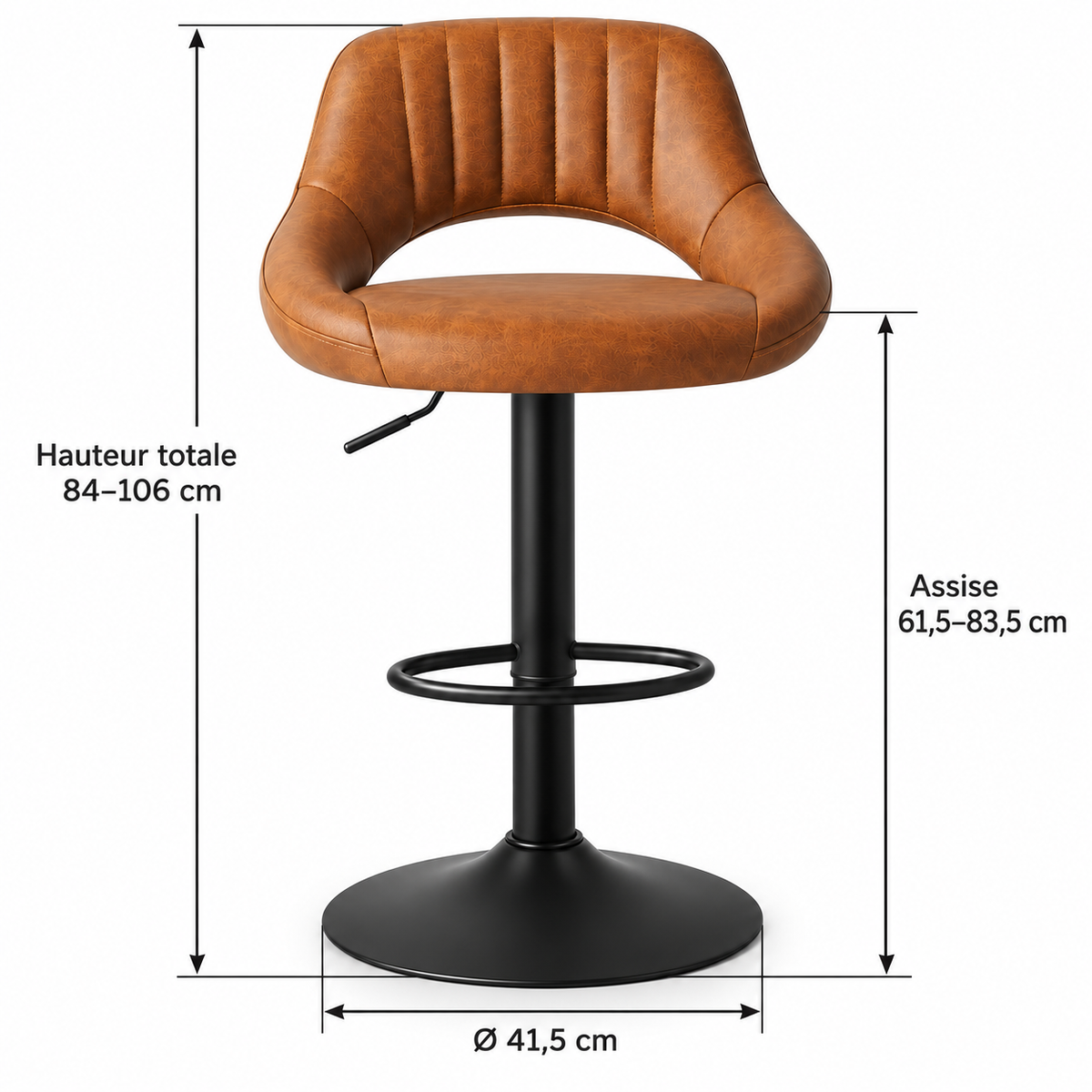 Dimensions avec flèches : hauteur totale 84 à 106 cm, assise 61,5 à 83,5 cm et base de diamètre 41,5 cm.