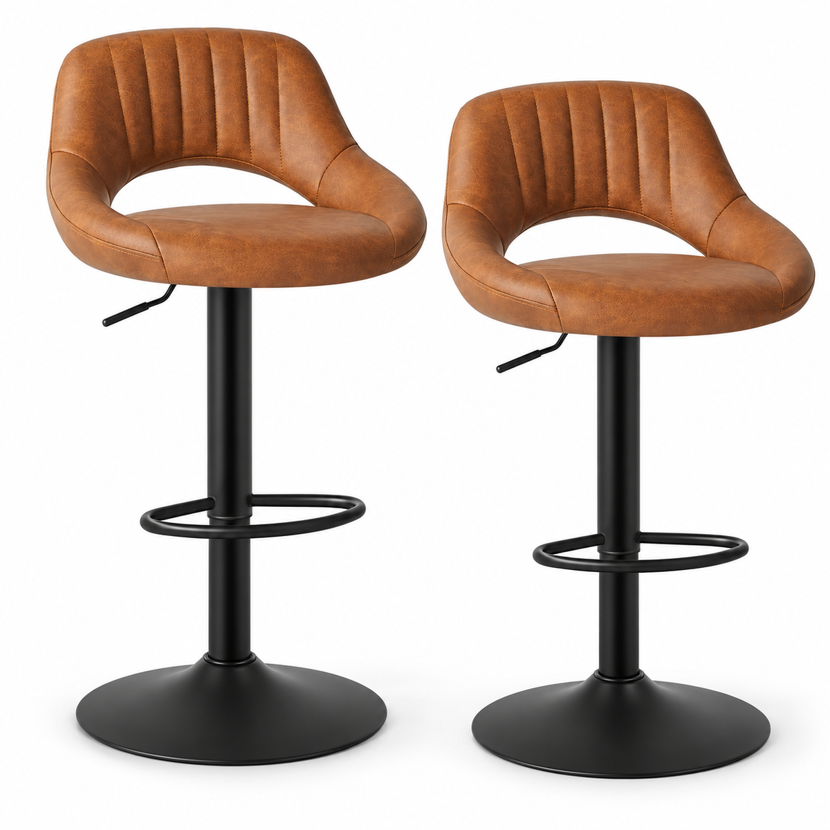Lot de deux chaises de bar marron à dossier ajouré et pied noir sur fond blanc.