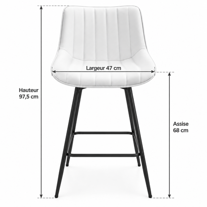 Chaise haute blanche avec flèches : largeur d’assise 47 cm, hauteur totale 97,5 cm et hauteur d’assise 68 cm.