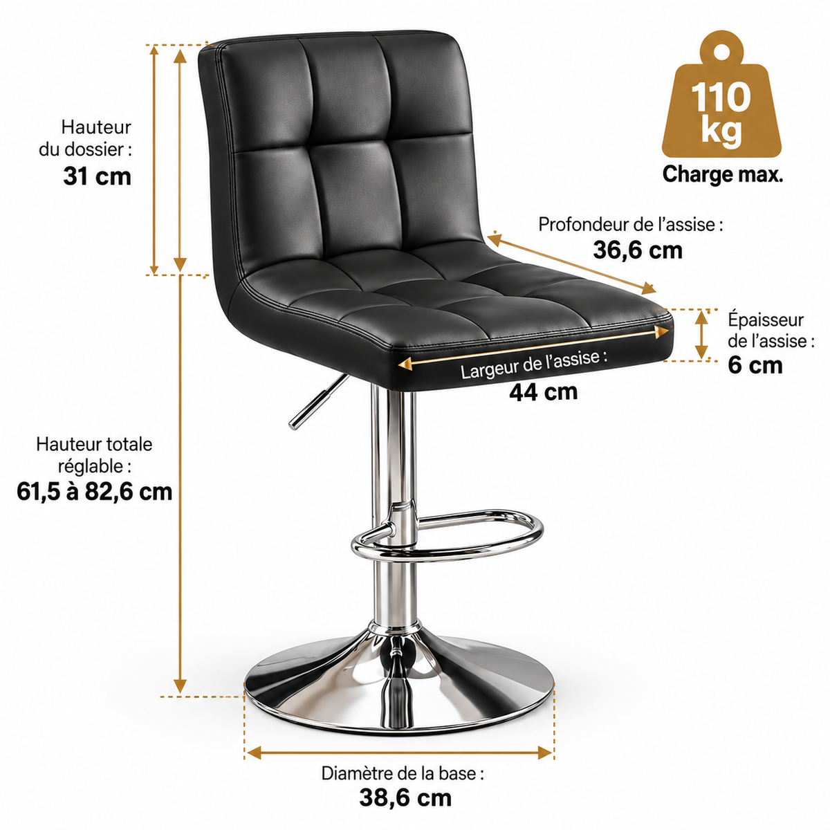 Dimensions du tabouret de bar réglable noir avec assise de 44 cm de large, base chromée de 38,6 cm et charge maximale de 110 kg