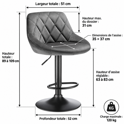 Dimensions du tabouret de bar réglable en velours gris avec hauteur d’assise réglable et charge maximale de 120 kg
