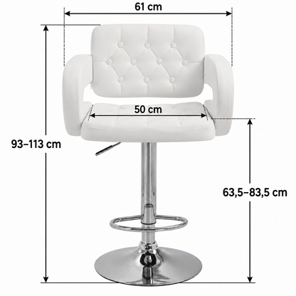 Fauteuil blanc avec flèches : largeur extérieure 61 cm, largeur d’assise 50 cm, hauteur totale 93–113 cm et hauteur d’assise 63,5–83,5 cm.