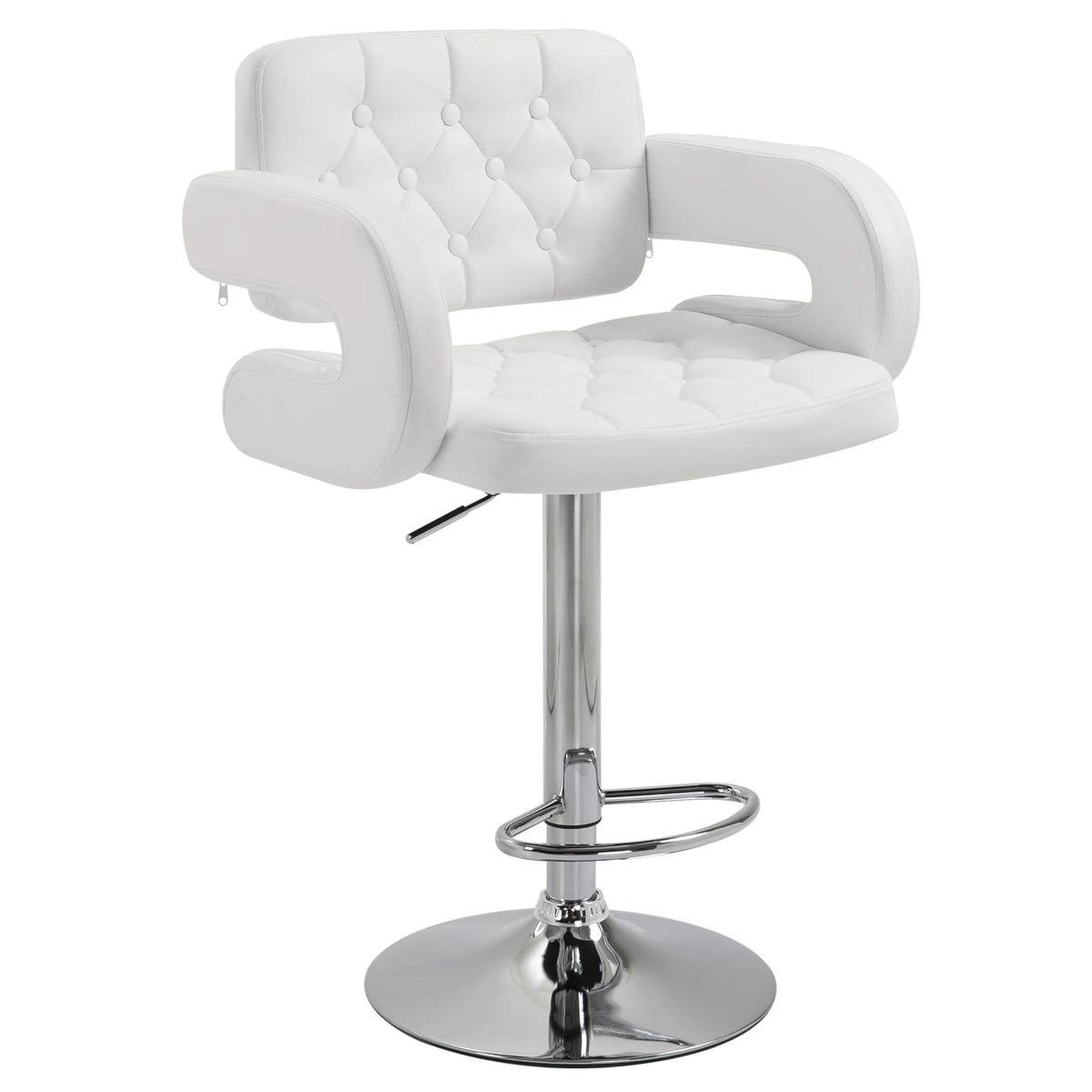 Fauteuil de bar blanc à dossier et assise capitonnés, accoudoirs ouverts et pied chromé sur fond blanc.