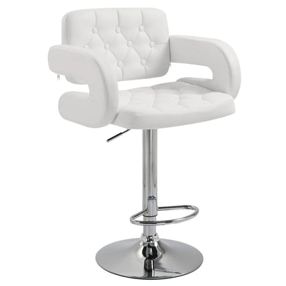 Fauteuil de bar blanc à dossier et assise capitonnés, accoudoirs ouverts et pied chromé sur fond blanc.