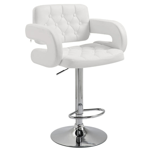 Fauteuil de bar blanc à dossier et assise capitonnés, accoudoirs ouverts et pied chromé sur fond blanc.