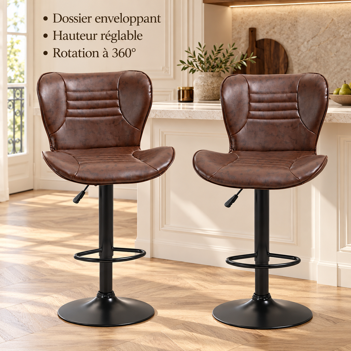 Fauteuils marron en cuisine : dossier enveloppant, hauteur réglable et rotation à 360°.