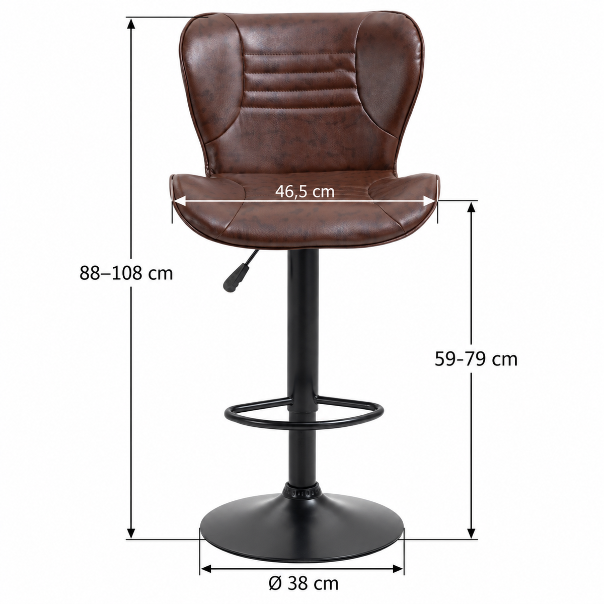 Fauteuil marron avec flèches : hauteur totale 88–108 cm, hauteur d’assise 59–79 cm, largeur d’assise environ 46,5 cm et diamètre de base environ 38 cm.