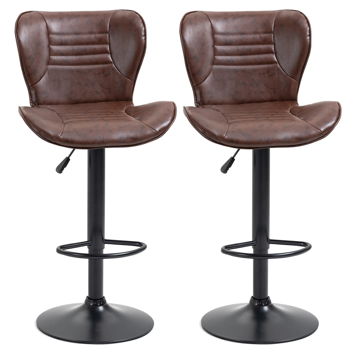 Lot de deux fauteuils de bar marron à dossier enveloppant et pied noir réglable sur fond blanc.