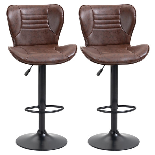 Lot de deux fauteuils de bar marron à dossier enveloppant et pied noir réglable sur fond blanc.