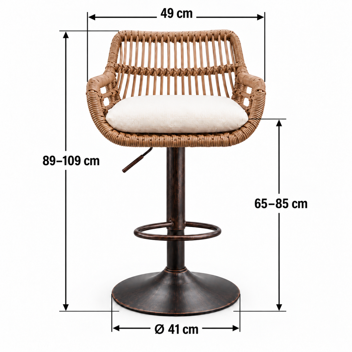 Fauteuil tressé avec flèches : largeur extérieure 49 cm, hauteur totale 89–109 cm, hauteur d’assise 65–85 cm et diamètre de base 41 cm.
