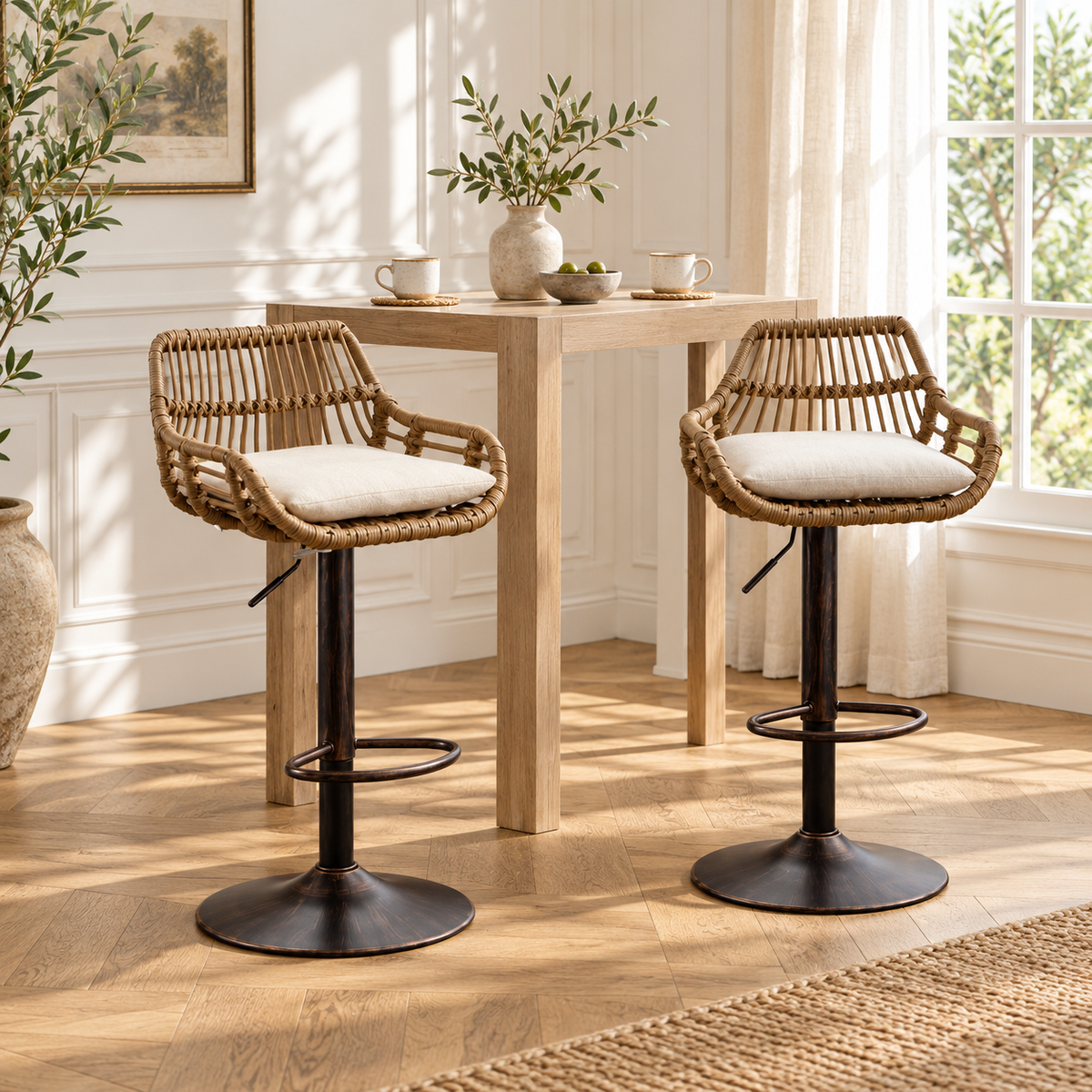 Deux fauteuils de bar tressés avec coussins blancs et pieds sombres devant une table haute en bois dans un coin repas lumineux.