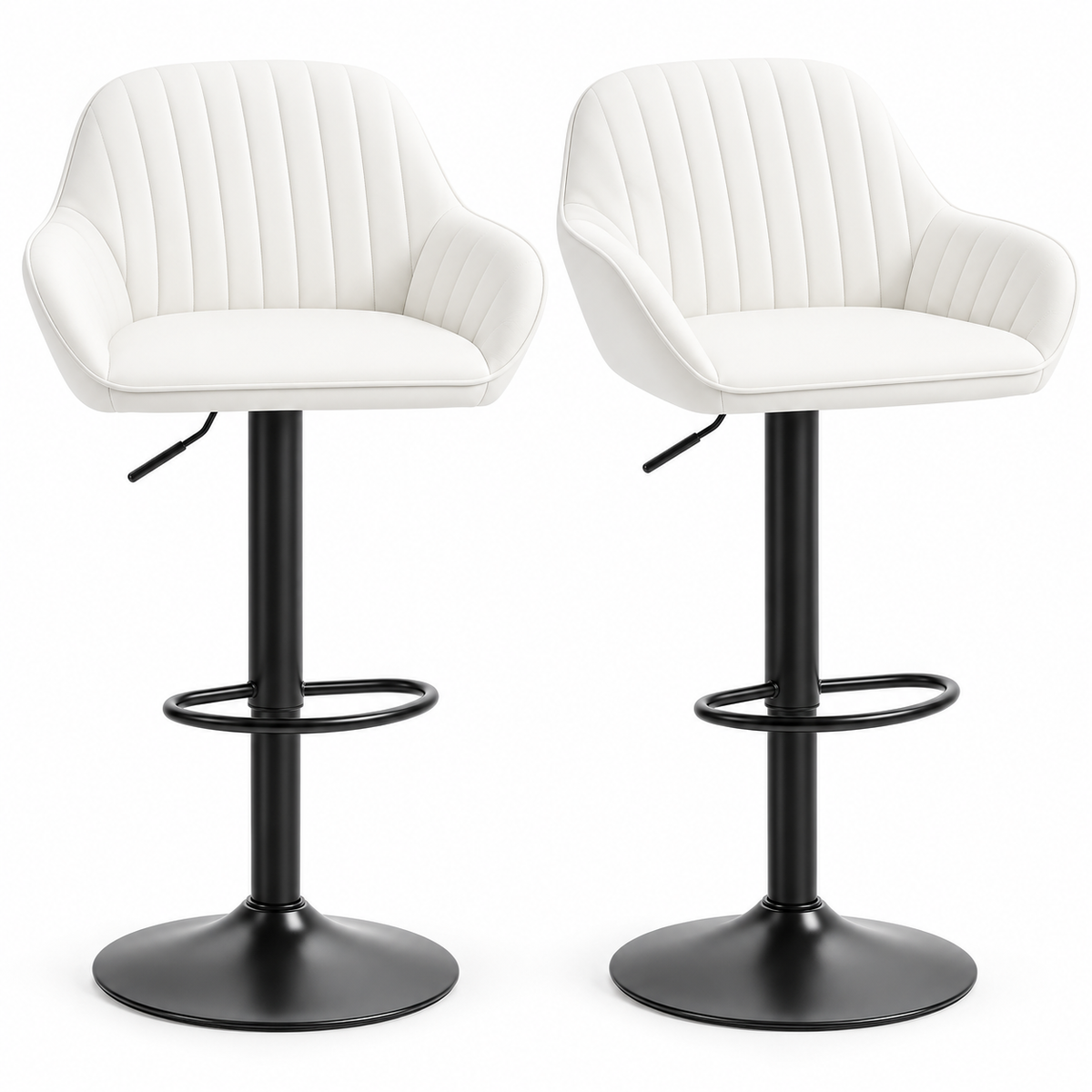 Lot de 2 tabourets de bar blancs en velours avec accoudoirs, assise rembourrée et pied central noir réglable