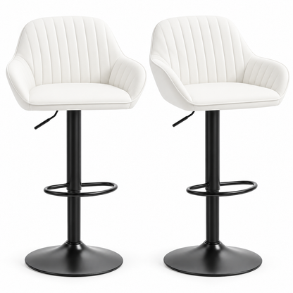 Lot de 2 tabourets de bar blancs en velours avec accoudoirs, assise rembourrée et pied central noir réglable