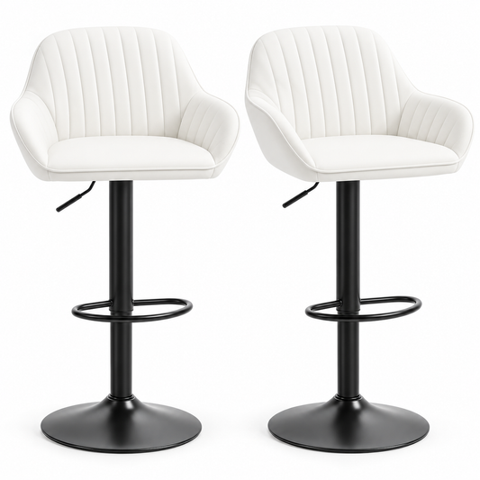 Lot de 2 tabourets de bar blancs en velours avec accoudoirs, assise rembourrée et pied central noir réglable