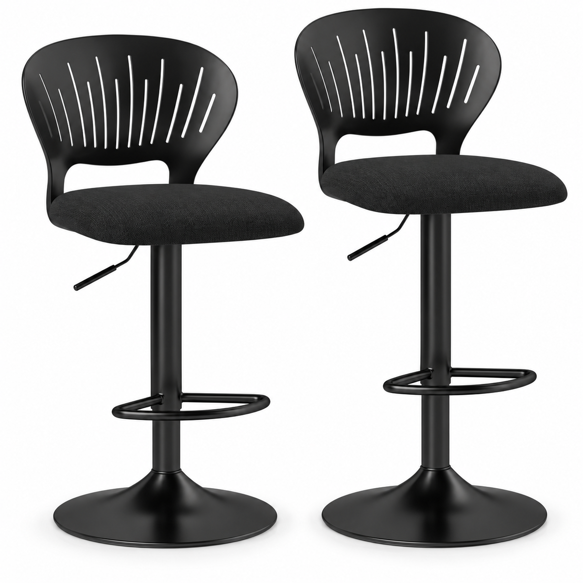 Lot de 2 tabourets de bar réglables noirs avec dossier ajouré, assise rembourrée et pied central en métal
