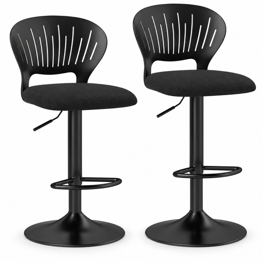 Lot de 2 tabourets de bar réglables noirs avec dossier ajouré, assise rembourrée et pied central en métal