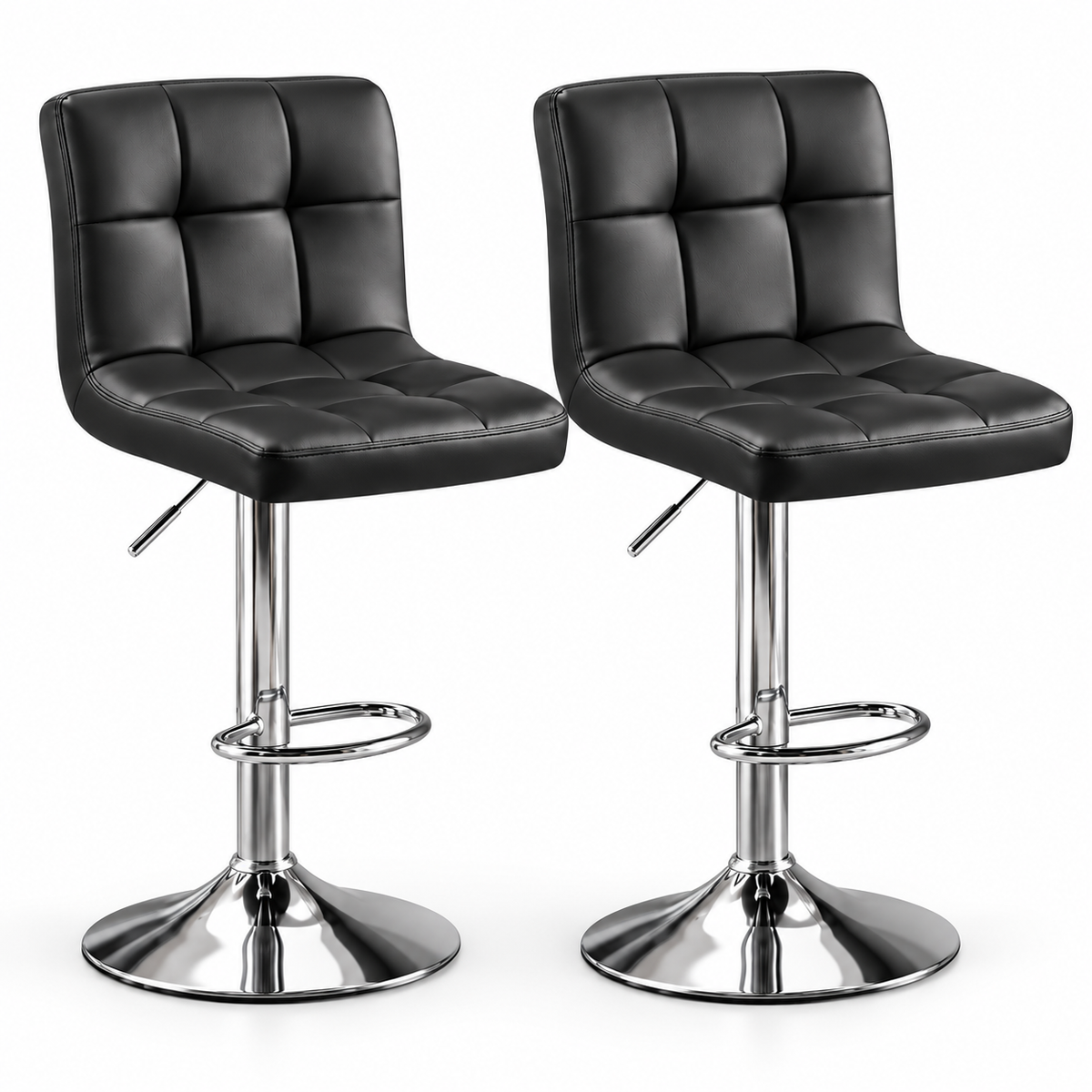 Lot de 2 tabourets de bar réglables noirs en similicuir avec assise matelassée et pied chromé