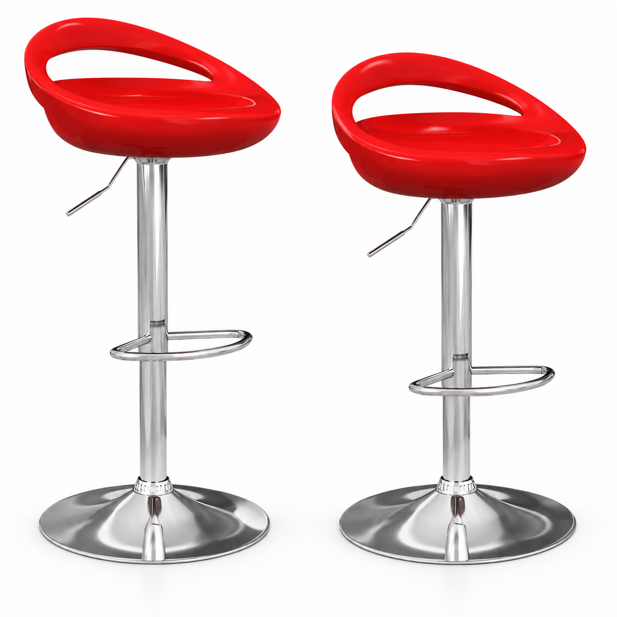 Lot de 2 tabourets de bar rouges réglables en ABS avec dossier ouvert, pied chromé et repose-pieds intégré