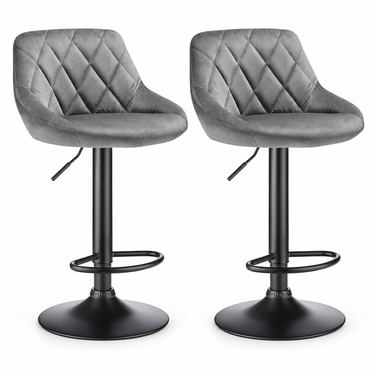Lot de 2 tabourets de bar réglables en velours gris avec pied noir et dossier matelassé