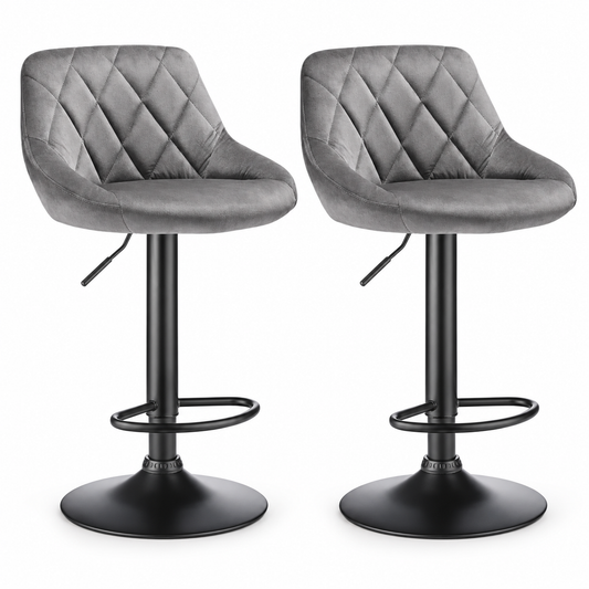 Lot de 2 tabourets de bar réglables en velours gris avec pied noir et dossier matelassé