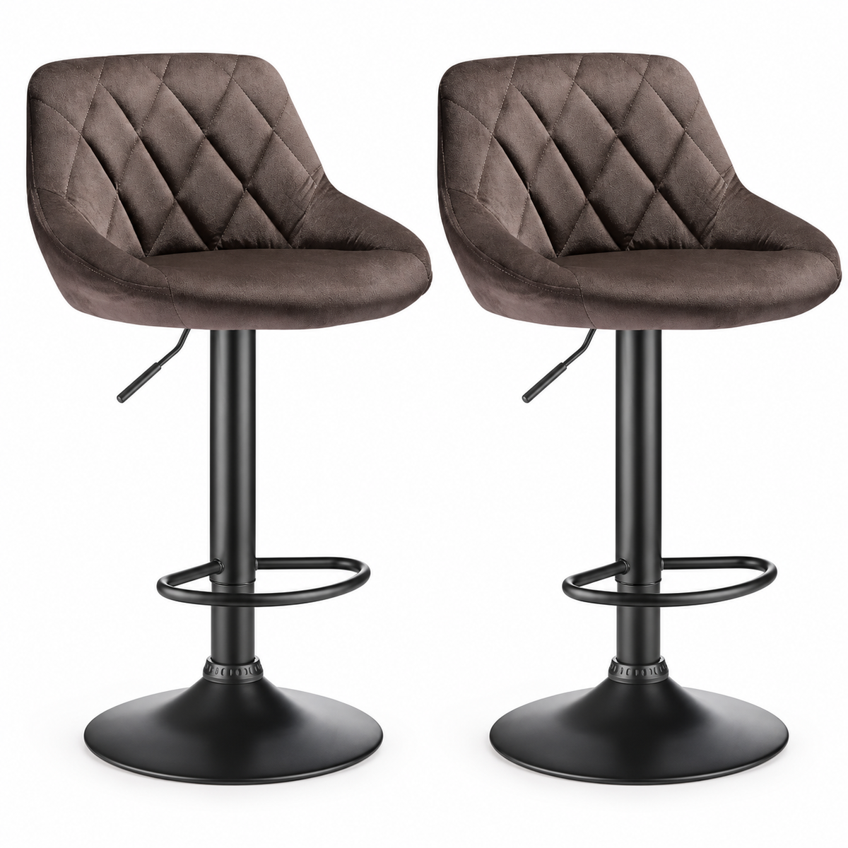 Lot de 2 tabourets de bar réglables en velours taupe avec pied noir et dossier matelassé
