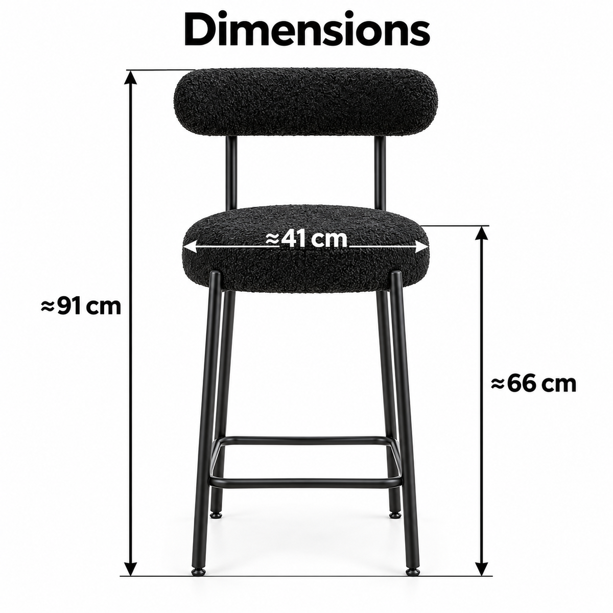 Dimensions avec flèches : environ 91 cm au total, 66 cm à l’assise et 41 cm de largeur d’assise.