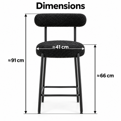 Dimensions avec flèches : environ 91 cm au total, 66 cm à l’assise et 41 cm de largeur d’assise.