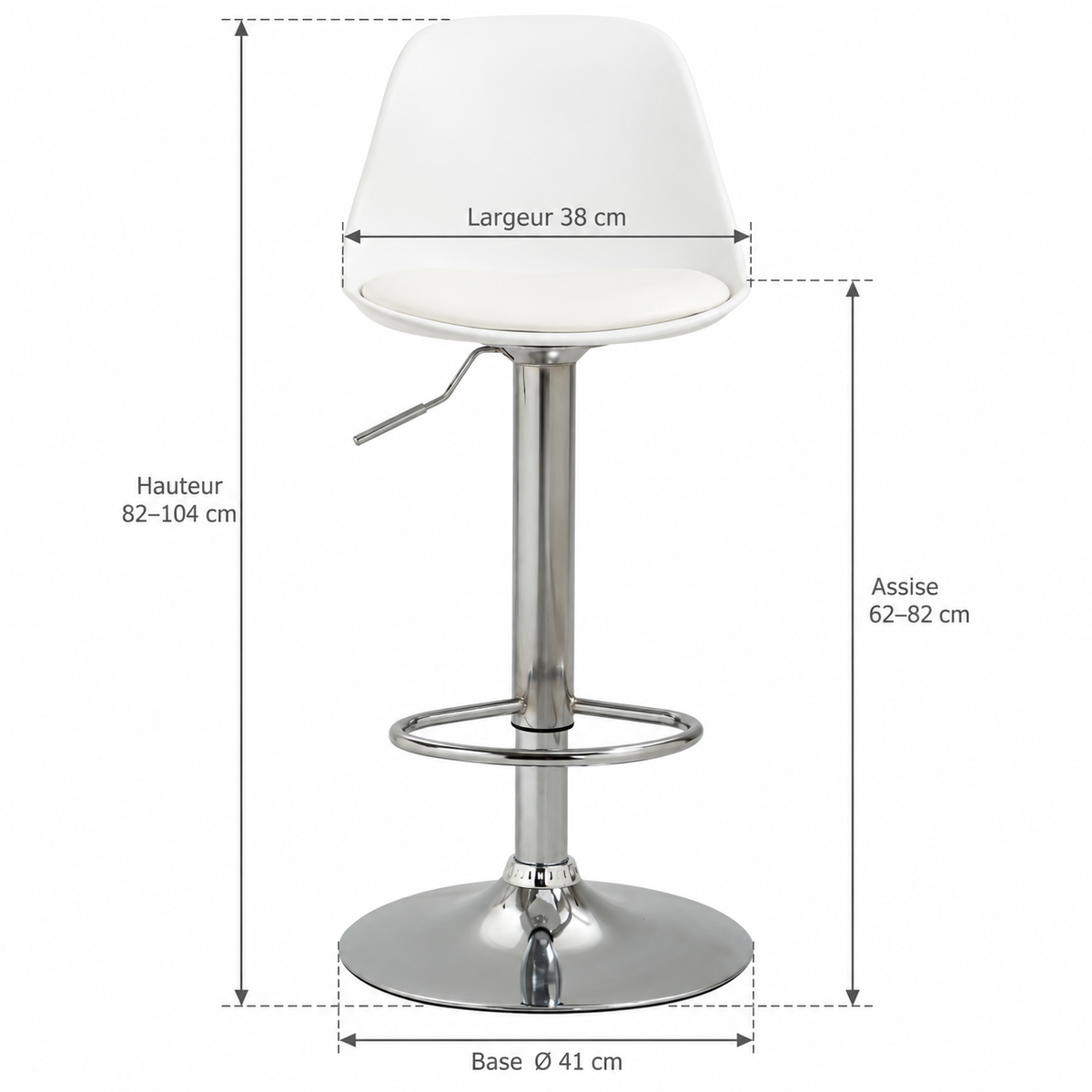 Tabouret de bar blanc à pied chromé avec flèches : hauteur totale 82–104 cm, hauteur d’assise 62–82 cm, largeur 38 cm et diamètre de la base 41 cm.