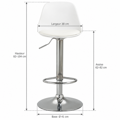 Tabouret de bar blanc à pied chromé avec flèches : hauteur totale 82–104 cm, hauteur d’assise 62–82 cm, largeur 38 cm et diamètre de la base 41 cm.