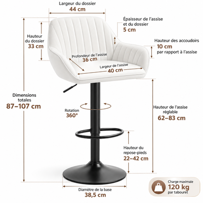 Dimensions du tabouret de bar blanc : dossier 44 x 33 cm, assise 40 x 36 cm, hauteur réglable de 62 à 83 cm et base de 38,5 cm