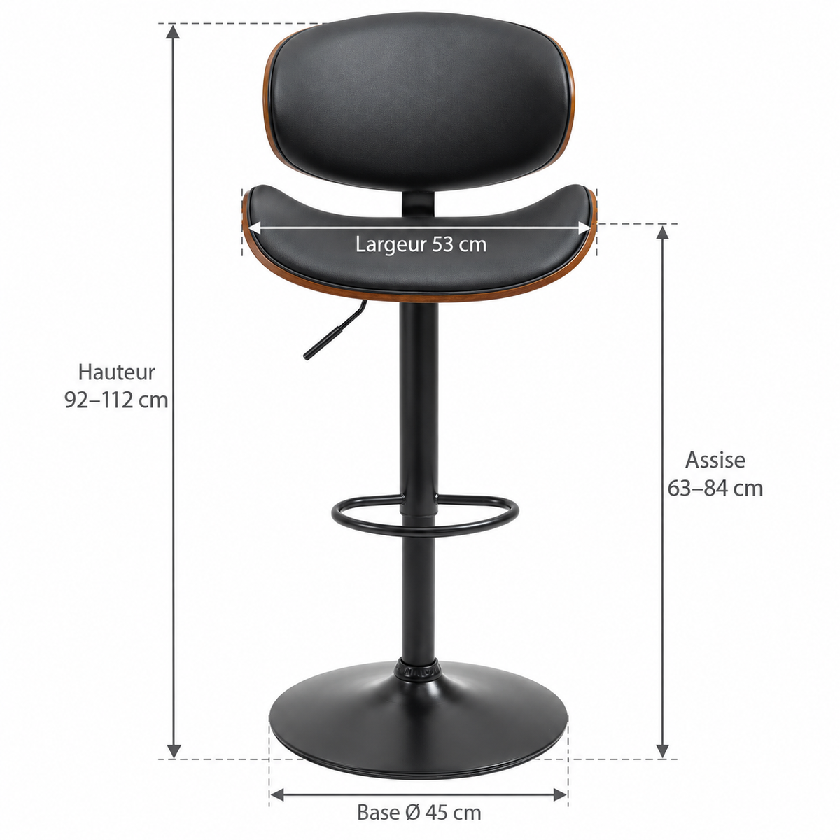 Tabouret noir et bois à dossier arrondi avec flèches : largeur 53 cm, hauteur totale 92–112 cm, hauteur d’assise 63–84 cm et diamètre de base 45 cm.