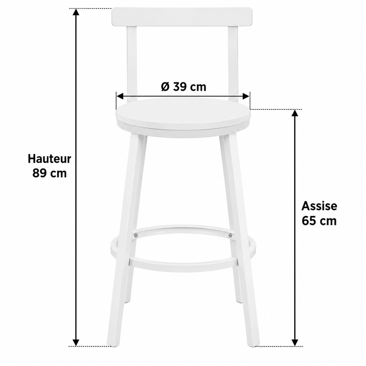 Dimensions avec flèches du tabouret : hauteur totale 89 cm, hauteur d’assise 65 cm et diamètre d’assise 39 cm.