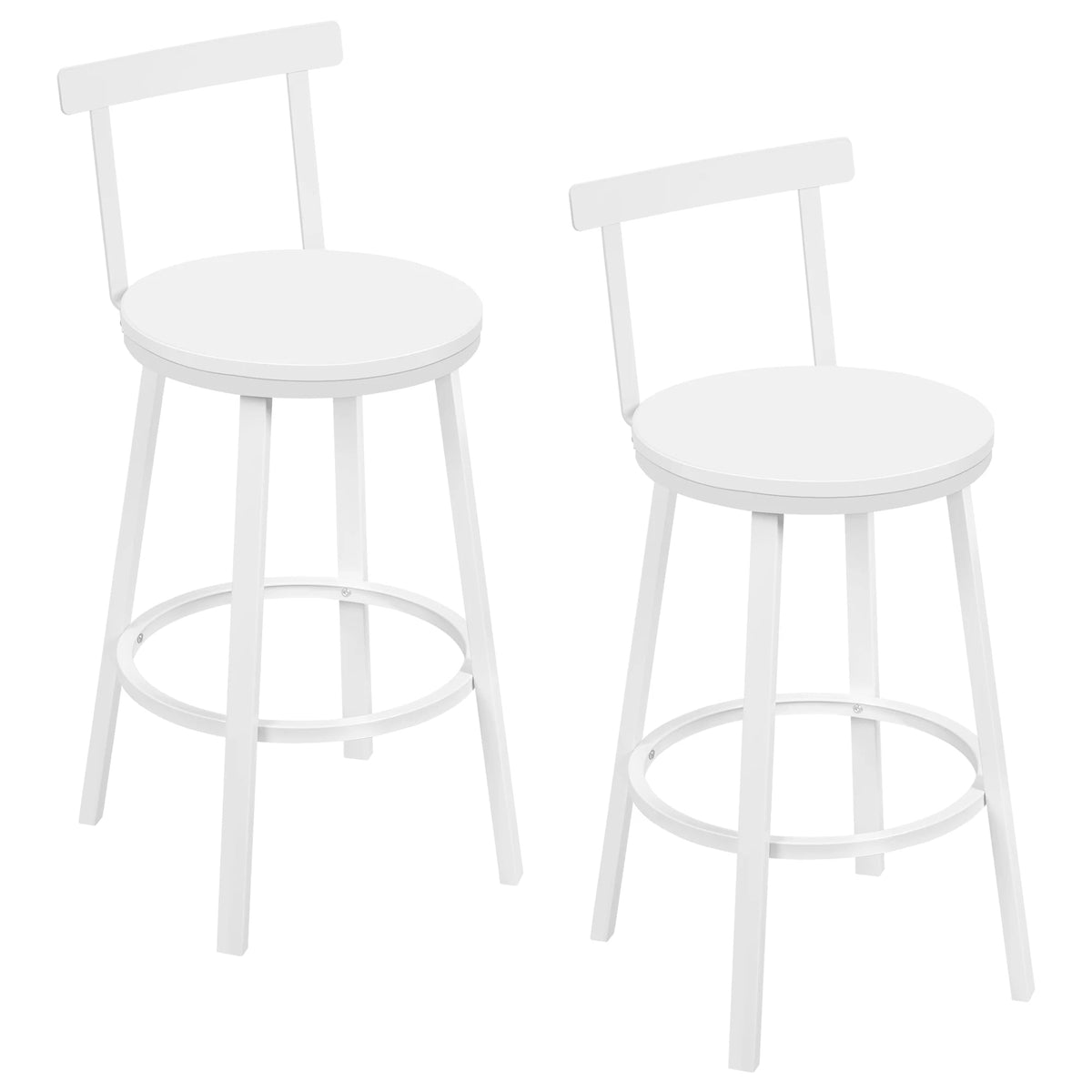Lot de deux tabourets blancs à assise ronde et dossier bas sur fond blanc.