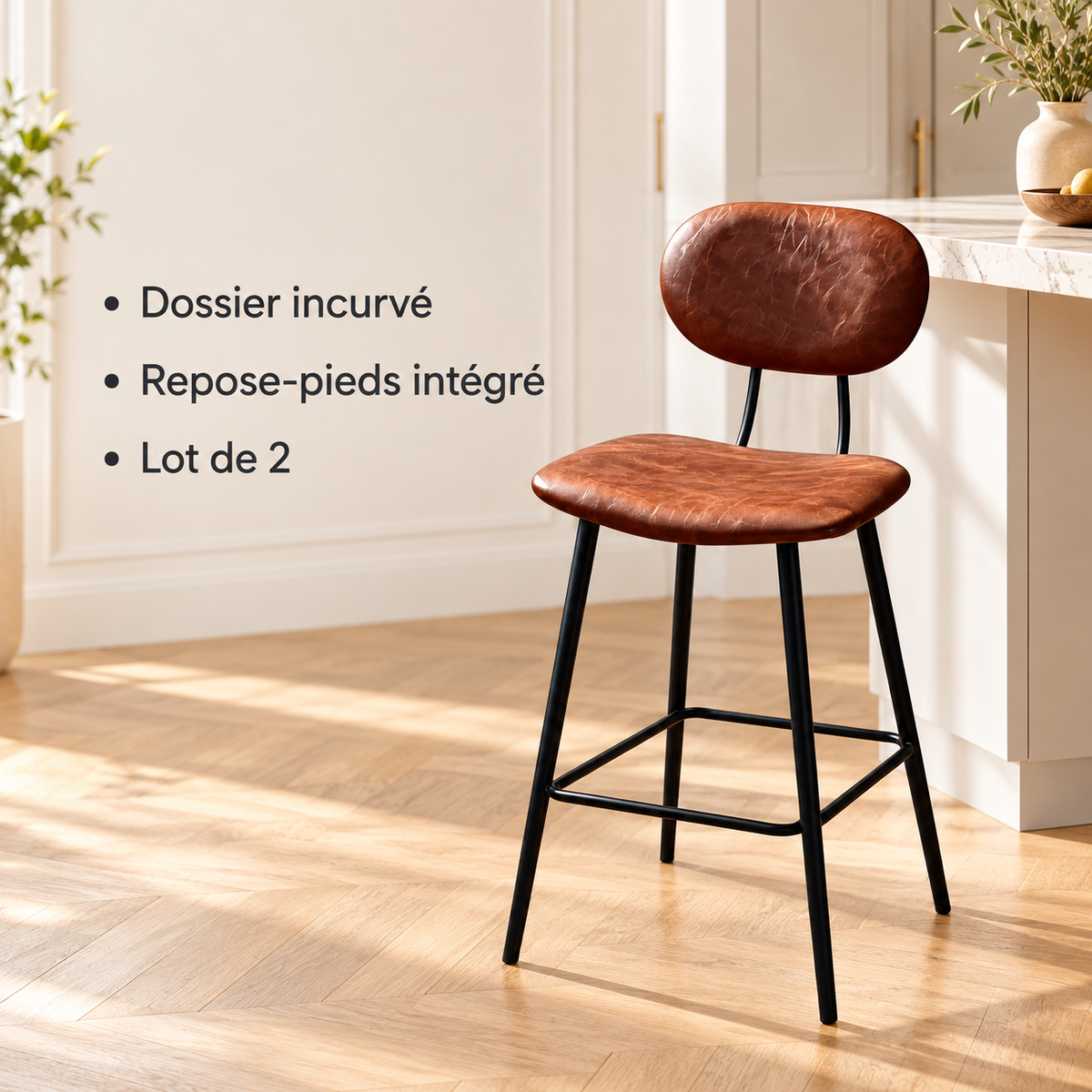 Tabouret de bar marron à dossier ovale : dossier incurvé, repose-pieds intégré et lot de deux.