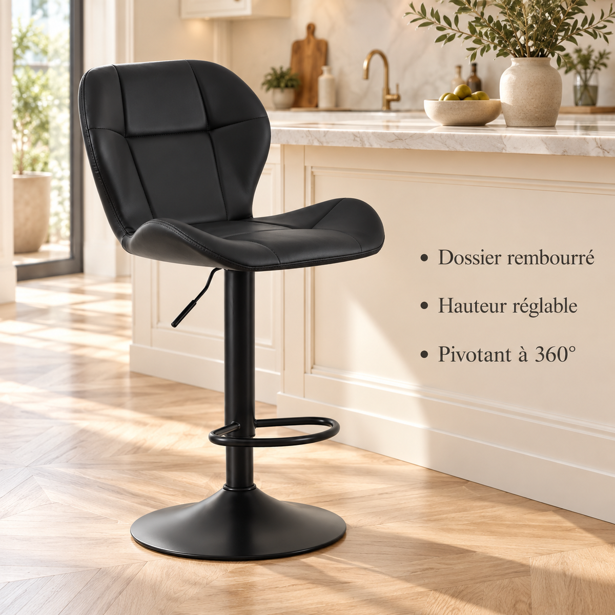 Tabouret noir en cuisine : dossier rembourré, hauteur réglable et rotation à 360°.