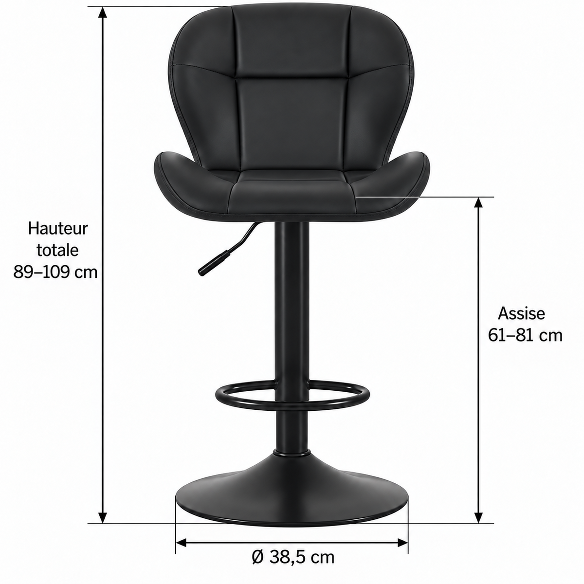 Dimensions avec flèches : hauteur totale 89 à 109 cm, hauteur d’assise 61 à 81 cm et base de diamètre 38,5 cm.