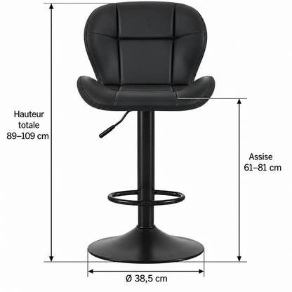 Dimensions avec flèches : hauteur totale 89 à 109 cm, hauteur d’assise 61 à 81 cm et base de diamètre 38,5 cm.