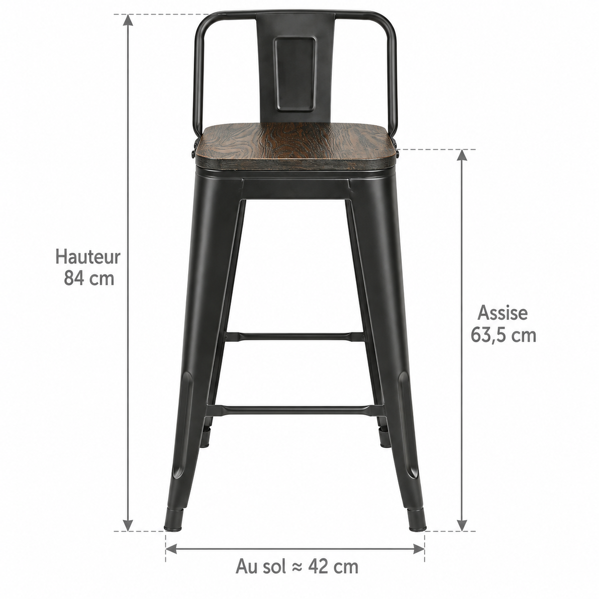 Tabouret de bar industriel noir avec flèches : hauteur totale 84 cm, hauteur d’assise 63,5 cm et largeur au sol environ 42 cm.