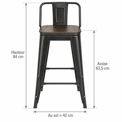 Tabouret de bar industriel noir avec flèches : hauteur totale 84 cm, hauteur d’assise 63,5 cm et largeur au sol environ 42 cm.