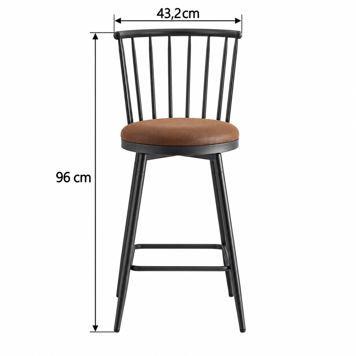 Tabouret à barreaux avec flèches : hauteur totale 96 cm et largeur du haut du dossier 43,2 cm.