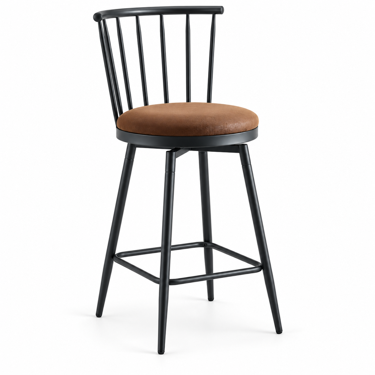 Tabouret de bar à assise marron rembourrée, dossier noir à barreaux et quatre pieds noirs sur fond blanc.