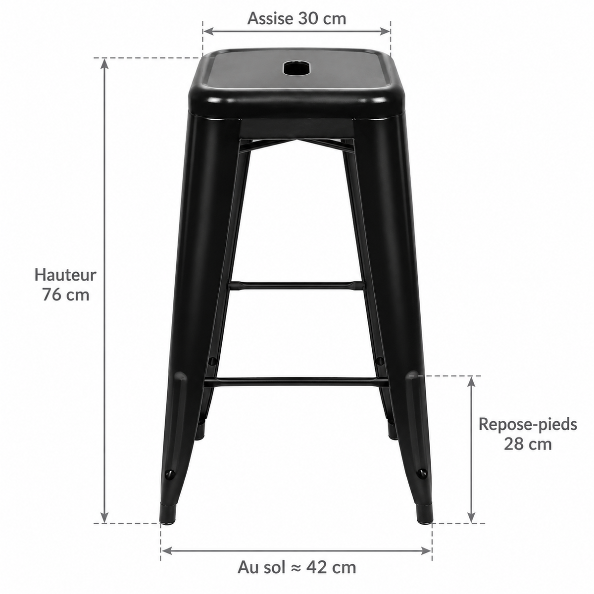 Tabouret métallique noir avec flèches : assise de 30 cm, hauteur 76 cm, largeur au sol environ 42 cm et repose-pieds à 28 cm.