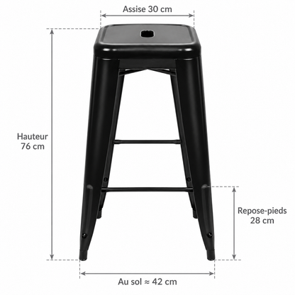 Tabouret métallique noir avec flèches : assise de 30 cm, hauteur 76 cm, largeur au sol environ 42 cm et repose-pieds à 28 cm.