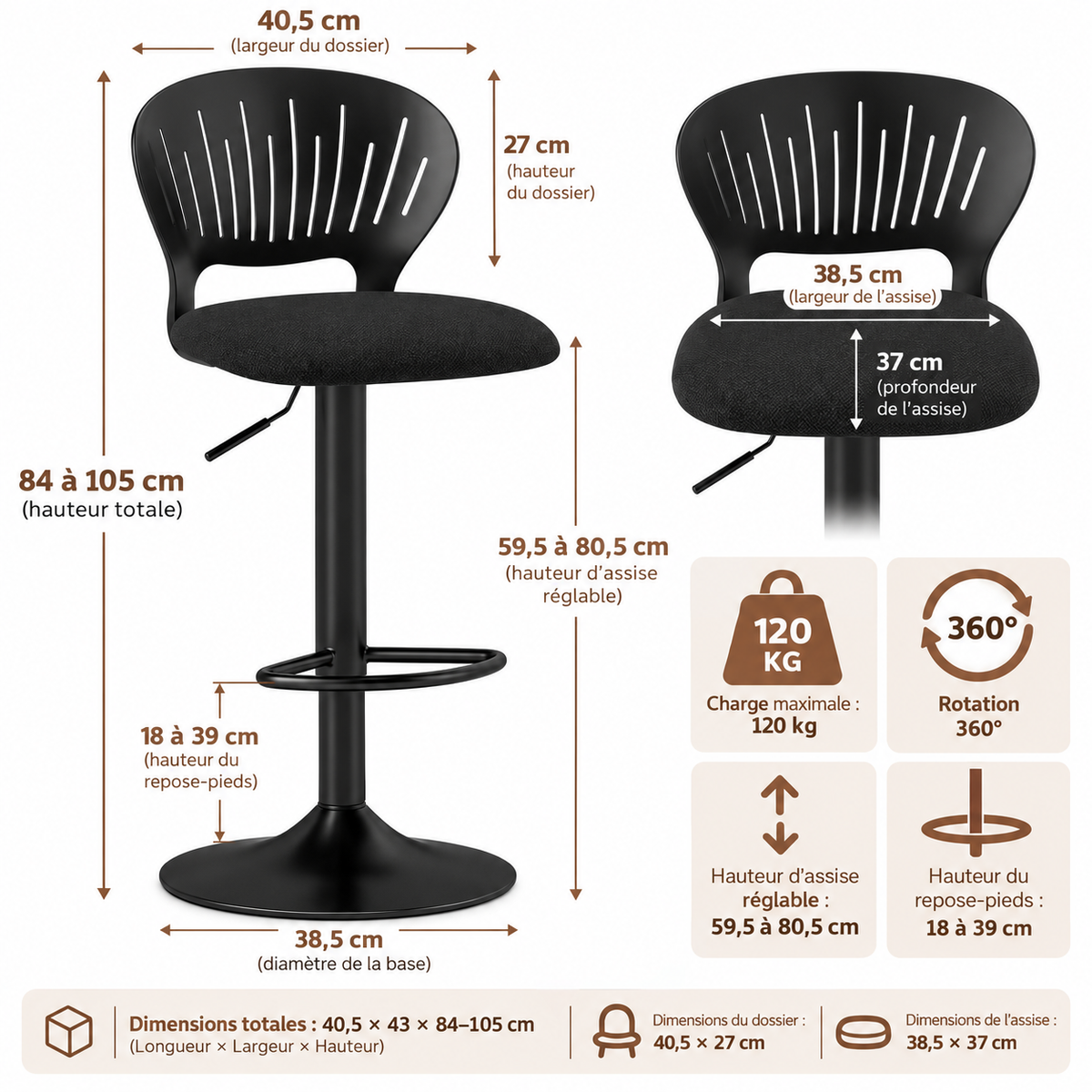 Dimensions du tabouret de bar noir réglable : hauteur totale de 84 à 105 cm, assise de 59,5 à 80,5 cm et base de 38,5 cm
